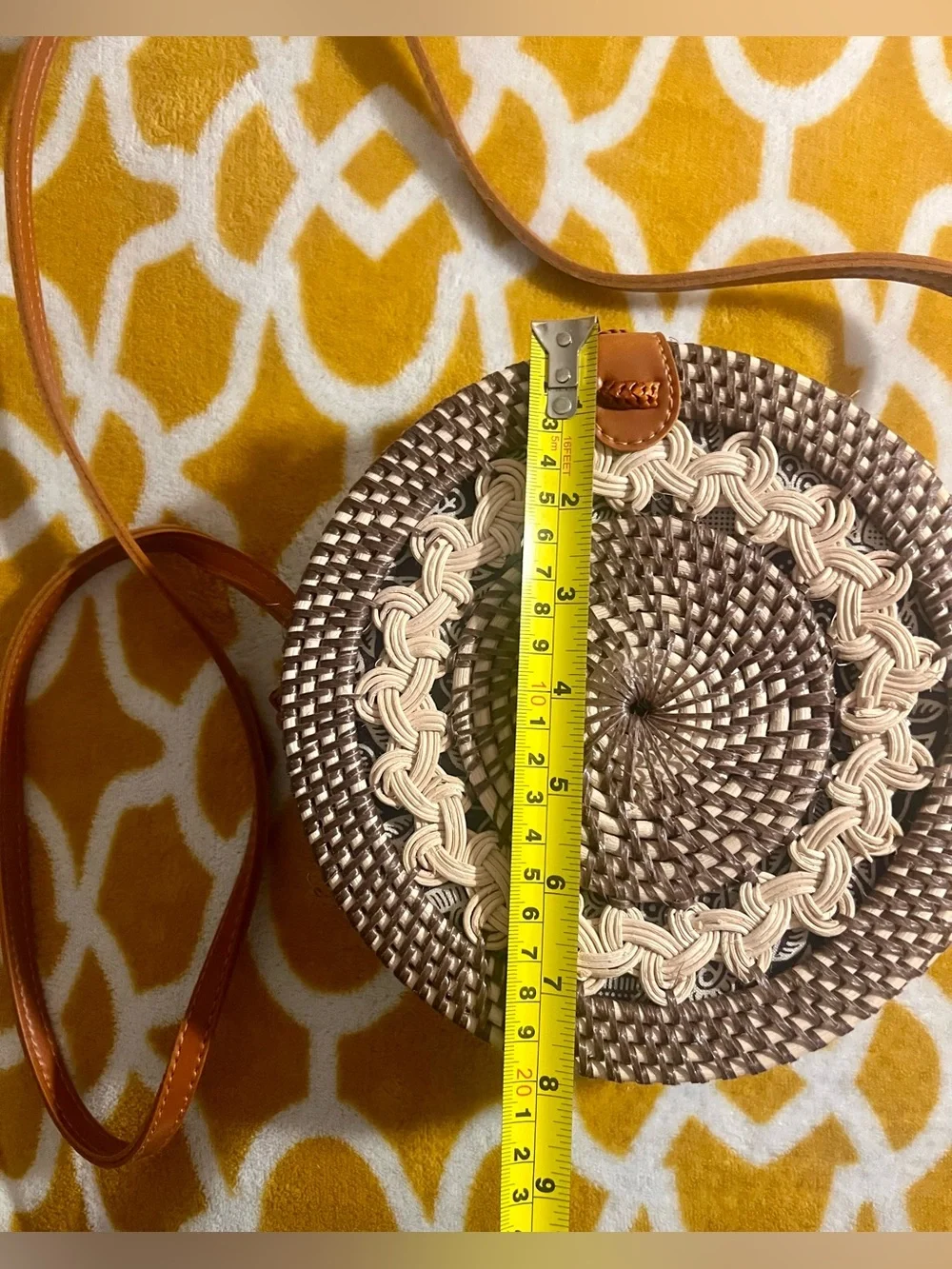 Round Woven Crossbody Bag Brown/Beige Leather Detachable Strap, Lined Snap